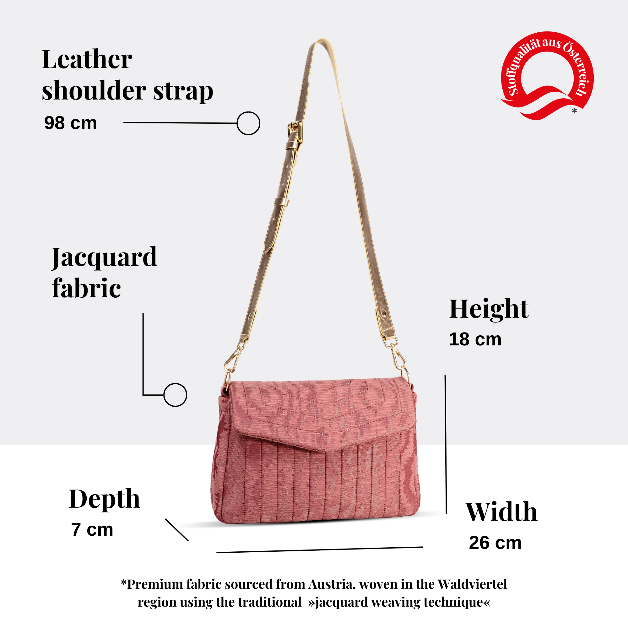 Ballet Blush crossbody bag with dimensions labeled: 18cm height, 26cm width, 7cm depth.