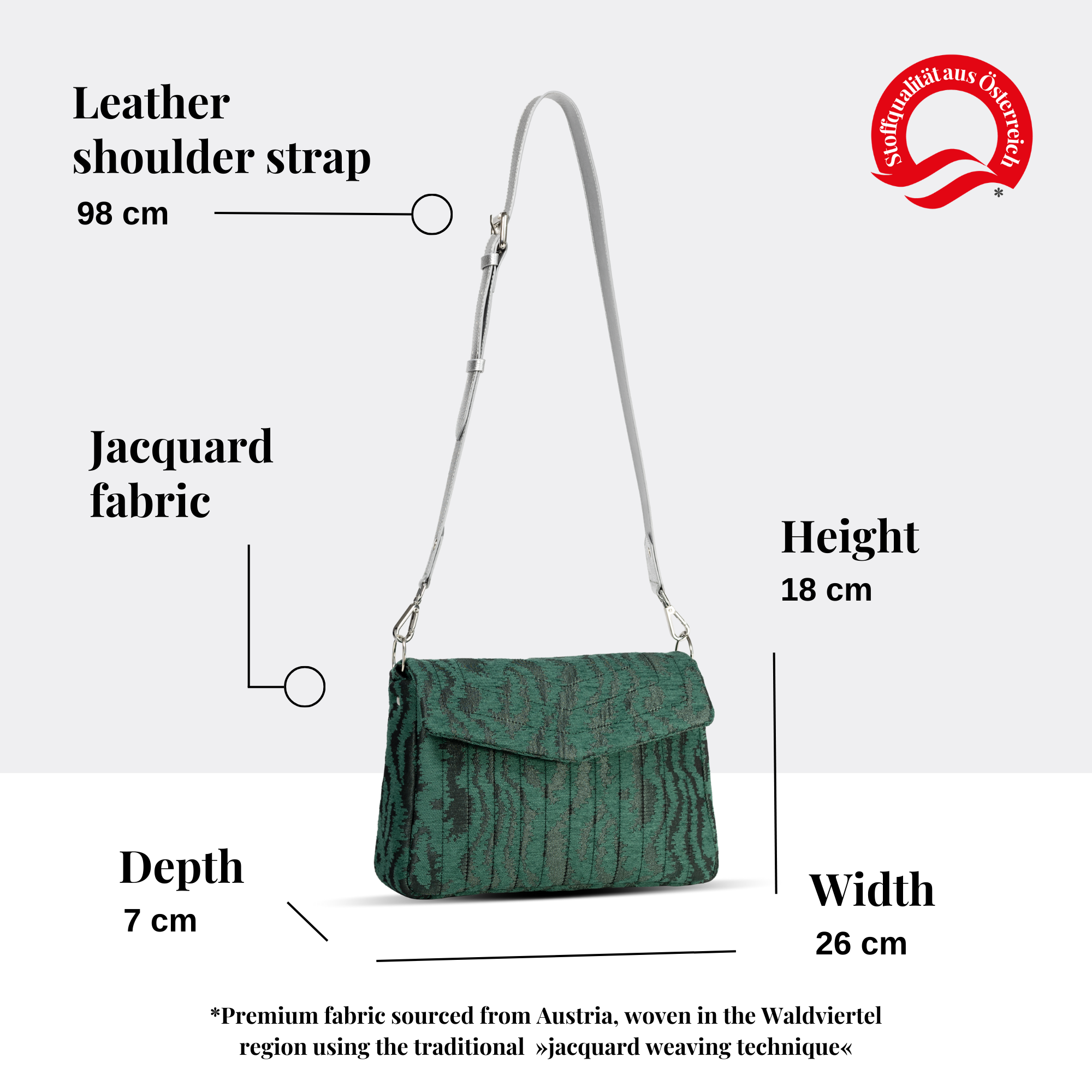 Jade Melon crossbody bag with dimensions labeled: 18cm height, 26cm width, 7cm depth.