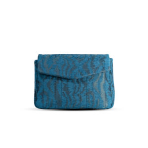Blue crossbody bag in moiré jacquard with a silver leather strap, ideal for both casual and formal settings.