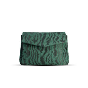 Green crossbody bag in moiré jacquard with a silver leather strap – a vibrant and modern accessory.