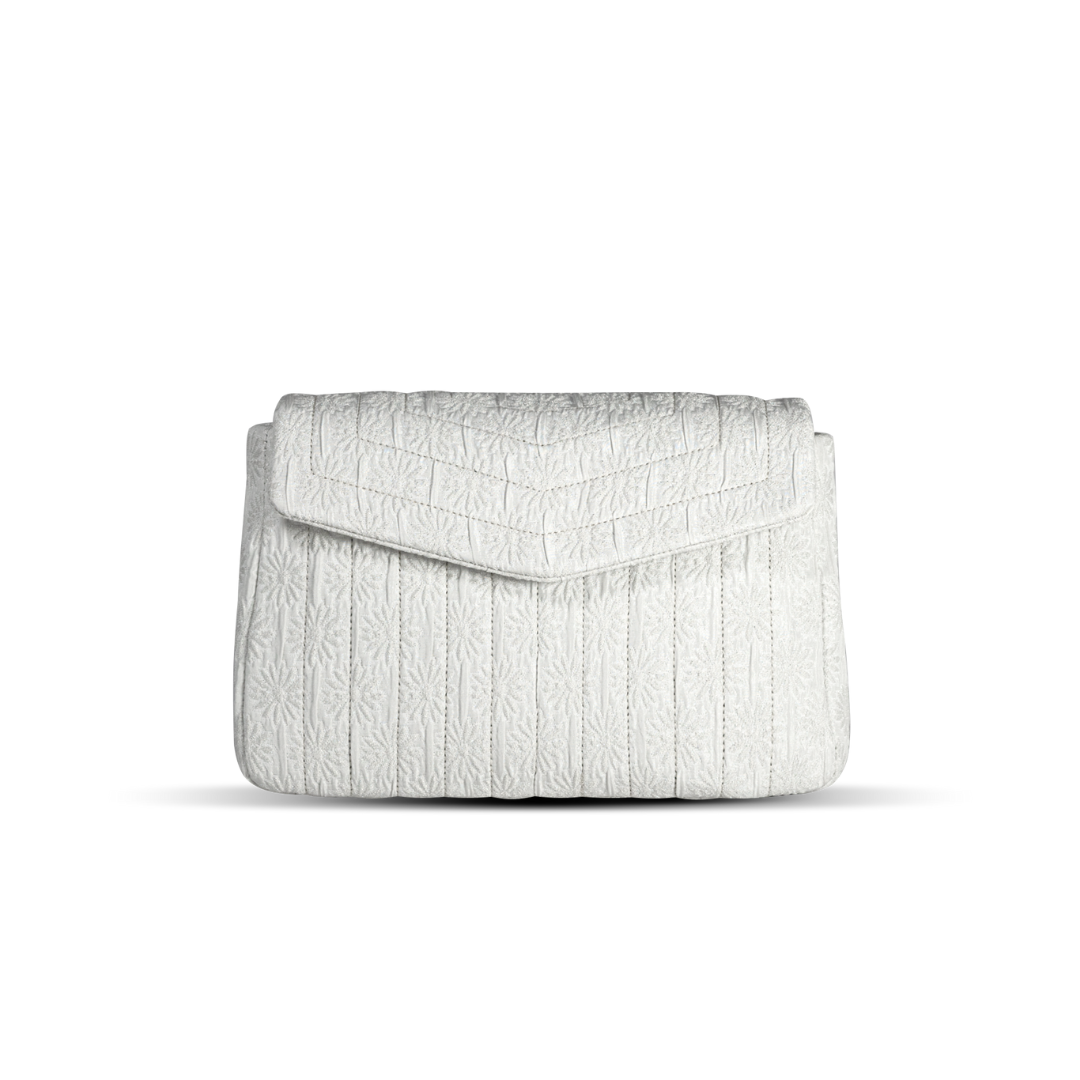 Pearl ivory jacquard crossbody bag with raised daisy pattern