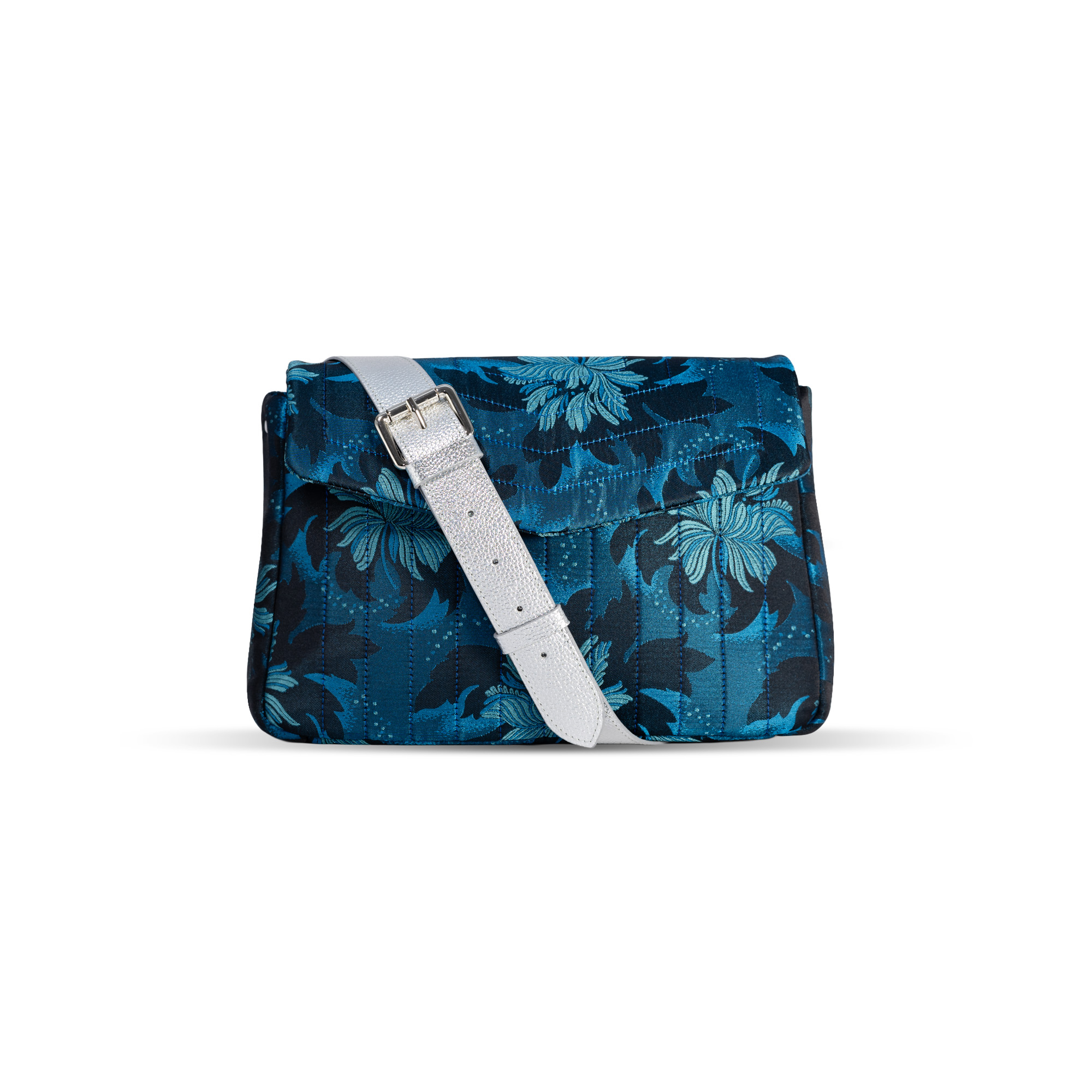 Blue and turquoise floral jacquard crossbody bag with silver leather strap